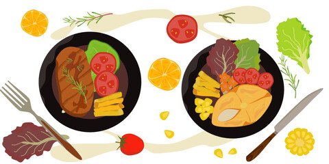 Salmon steak and beef steak arranged on a plate. Vector illustration. Cartoon steak illustration.