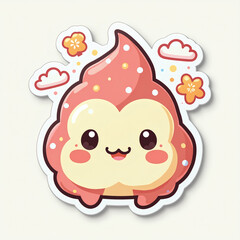 Fototapeta premium Adorable Kawaii Pink Blob Character Sticker with Rosy Cheeks, Smiling Face, and Whimsical Clouds on White Background