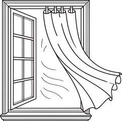 Open window curtains gently blowing inward with german text
