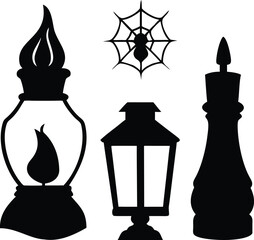 Spooky halloween scene with a glowing lantern an open magic book and a bubbling potion bottle isolated on white background isolated on transparent background