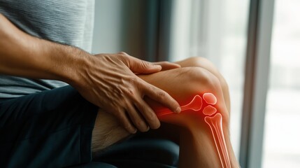 Obraz premium Man holding elbow in pain with digital illustration of joint and bone structure showing elbow pain.