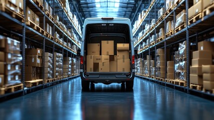 A large delivery van is loaded with many boxes in a spacious, well-lit warehouse.