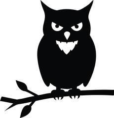 Whimsical vampire owl with tiny fangs perched on a decorative branch isolated on white background isolated on transparent background