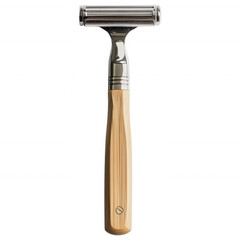Sleek Razor on Display: A meticulously crafted, eco-friendly razor with a bamboo handle and gleaming metallic head is showcased, combining aesthetics with sustainable design.
