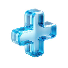 Light-blue, 3D plus sign, glassy appearance