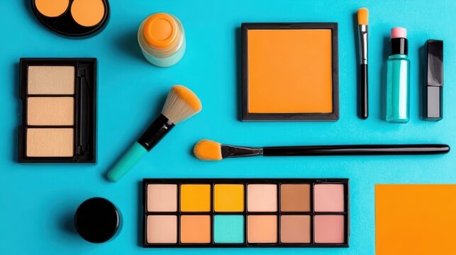 Flatlay of cosmetic palette with orange and blue shades and tools, perfect for makeup tutorials or brand promotions.