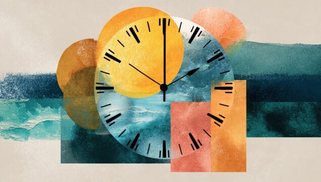 Abstract clock illustration with painted shapes