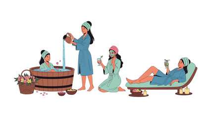 Relaxing spa scene with women enjoying various treatments including bathing in a wooden tub receiving a massage and lounging on a chaise lounge with drinks