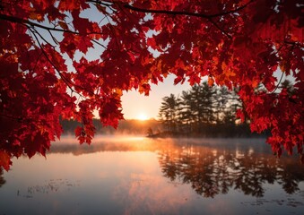 Autumn sunrise over a tranquil lake