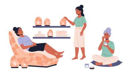 Obraz premium Diverse women enjoying a relaxing spa treatment with himalayan salt lamps and a soothing beverage in a tranquil wellness environment