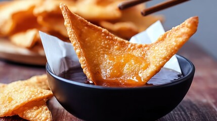 Tempura dish with sauce on dark background, perfect for restaurant promotions or cooking tutorials.