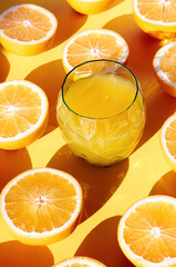 Orange fruit and glass orange juice on a orange back