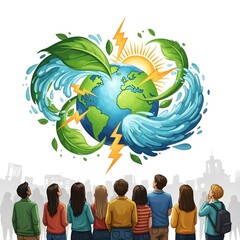 Cartoon illustration of the Earth surrounded by water, leaves, and lightning, viewed by a crowd of people.