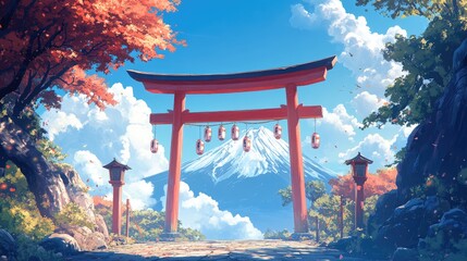 A vibrant, serene landscape features a traditional Japanese torii gate beneath a majestic mountain, bathed in soft sunlight and accented by warm autumnal colors.