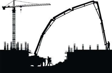 Construction workers operating concrete pump truck, tower crane, heavy machinery, black silhouette vector illustration, building site teamwork, civil engineering