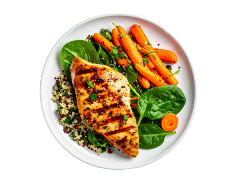 Grilled Chicken and Veggie Plate: A mouthwatering overhead shot features a grilled chicken breast alongside vibrant baby carrots, fresh spinach, and quinoa. - Powered by Adobe