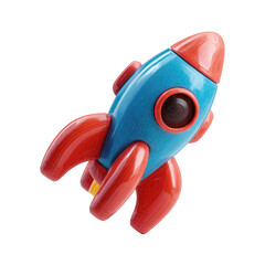 Cartoon rocket, glossy blue and red, in flight