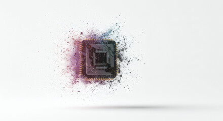 Conceptual image of a computer chip dissolving into vibrant powder, symbolizing digital transformation and innovation