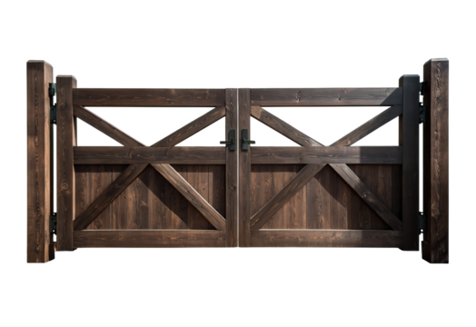 Rustic dark wooden barn style double gate on transparent background