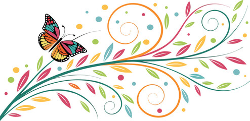 Vibrant butterfly alighting on a colorful swirling floral vine pattern with delicate leaves and sparkles