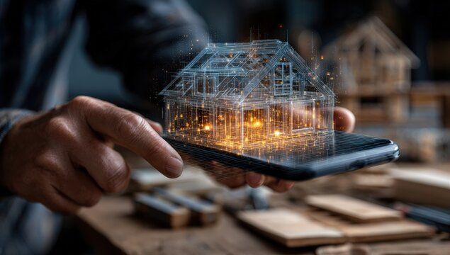 Hands hold phone, holographic house design - Powered by Adobe