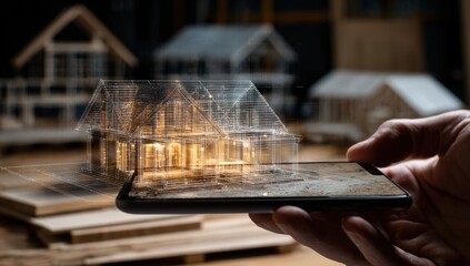 Hand holding a phone with a 3D model of a house overlayed