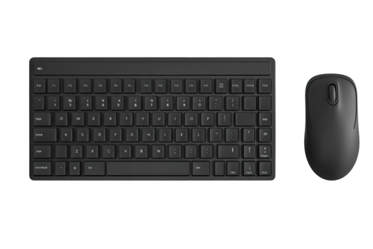 Modern Matte Black Keyboard and Mouse Set Top View on Transparent Background