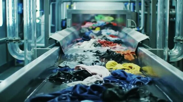 A massive industrial machine sorts and washes multi-colored textiles likely in a recycling or processing facility showcasing automated processes