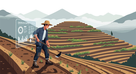 Smart farming on terraced hillsides featuring data analytics and modern agricultural practices