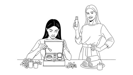Two young women excitedly unboxing a beauty product set one holding a bottle the other examining contents of an open box celebrating a new purchase