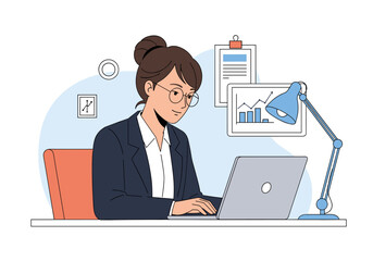 Professional woman working diligently at her desk with laptop and desk lamp on a modern office workspace