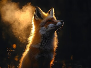 Fototapeta premium A red fox sits bathed in golden sunlight with mist swirling around its head looking attentively into the distance during dawn