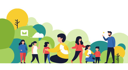Fototapeta premium Illustration showcasing family, education, and community engagement in a vibrant environment