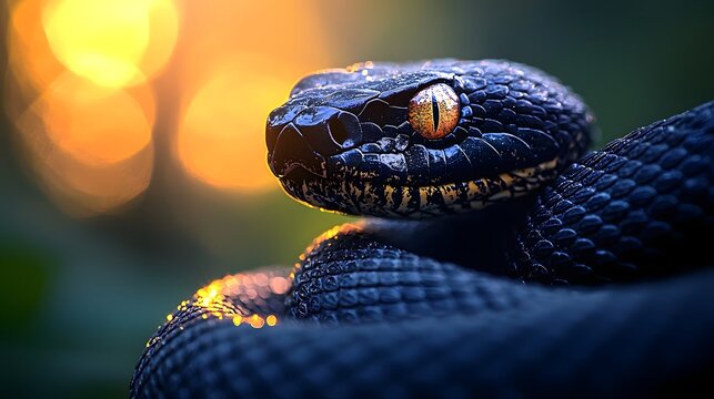 A dramatic close up of a black snake s intense orange eye and coiled body in warm blurred sunlight - Powered by Adobe