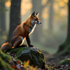 Obraz premium Red fox on mossy forest rock at golden hour
