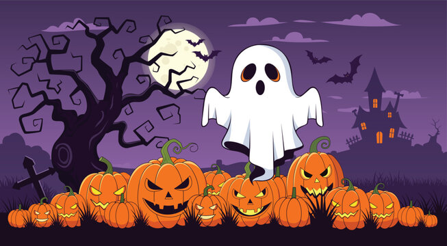 Halloween scene with ghost, pumpkins, and spooky castle