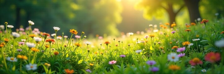 Serene landscape featuring a bed of wildflowers nestled amongst lush greenery, bathed in soft sunlight Perfect for nature, tranquility, and relaxation themes , wildflowers, colorful