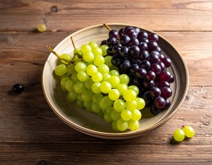 Freshly Picked Ripe Green And Red Grapes In A Bowl On Wooden Table