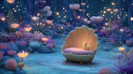 Magical, luminous garden;  shell chair