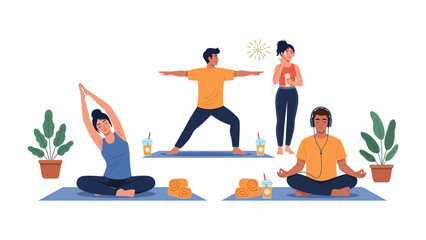 Harmony in Motion: Group of individuals finds inner peace, stretching, meditating, and connecting with themselves through the practice of yoga and mindful activities.