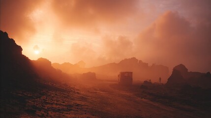 Sunrise desert landscape, hazy, vehicles