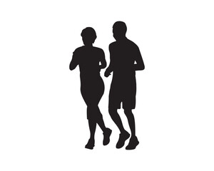 Silhouette of a man and woman jogging together on white background, symbolizing fitness, health, and outdoor activity