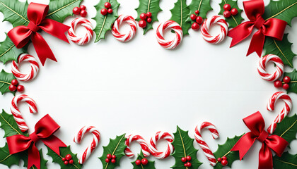 Christmas Border with Holly, Candy Canes, and Red Bows