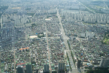 Aerial view of downtown Seoul on a sunny day. Seoul, South Korea 