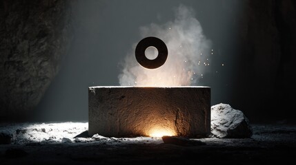 Dark, stone pedestal with floating ring in smoky cavern