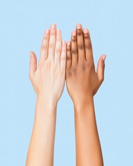 Unity Concept with Diverse Hands High Fiving on Minimal Blue Background, representing unity, equality, teamwork, friendship, and cultural diversity in a modern minimal style.