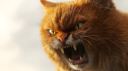 An intensely focused ginger cat's face reveals a powerful display of primal aggression. The cat bares its teeth, showcasing a raw intensity.
