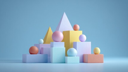 Pastel geometric shapes arranged on a light blue background