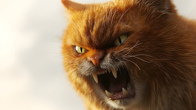 An intensely focused ginger cat's face reveals a powerful display of primal aggression. The cat bares its teeth, showcasing a raw intensity. - Powered by Adobe