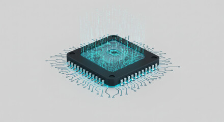 Futuristic CPU microchip processing digital information with glowing blue light, representing advanced data technology and artificial intelligence